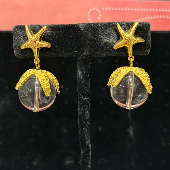 Stunning Vintage Leslie Block Brushed Gold Starfish & Crystal Ball Earrings - Picture 1 of 8